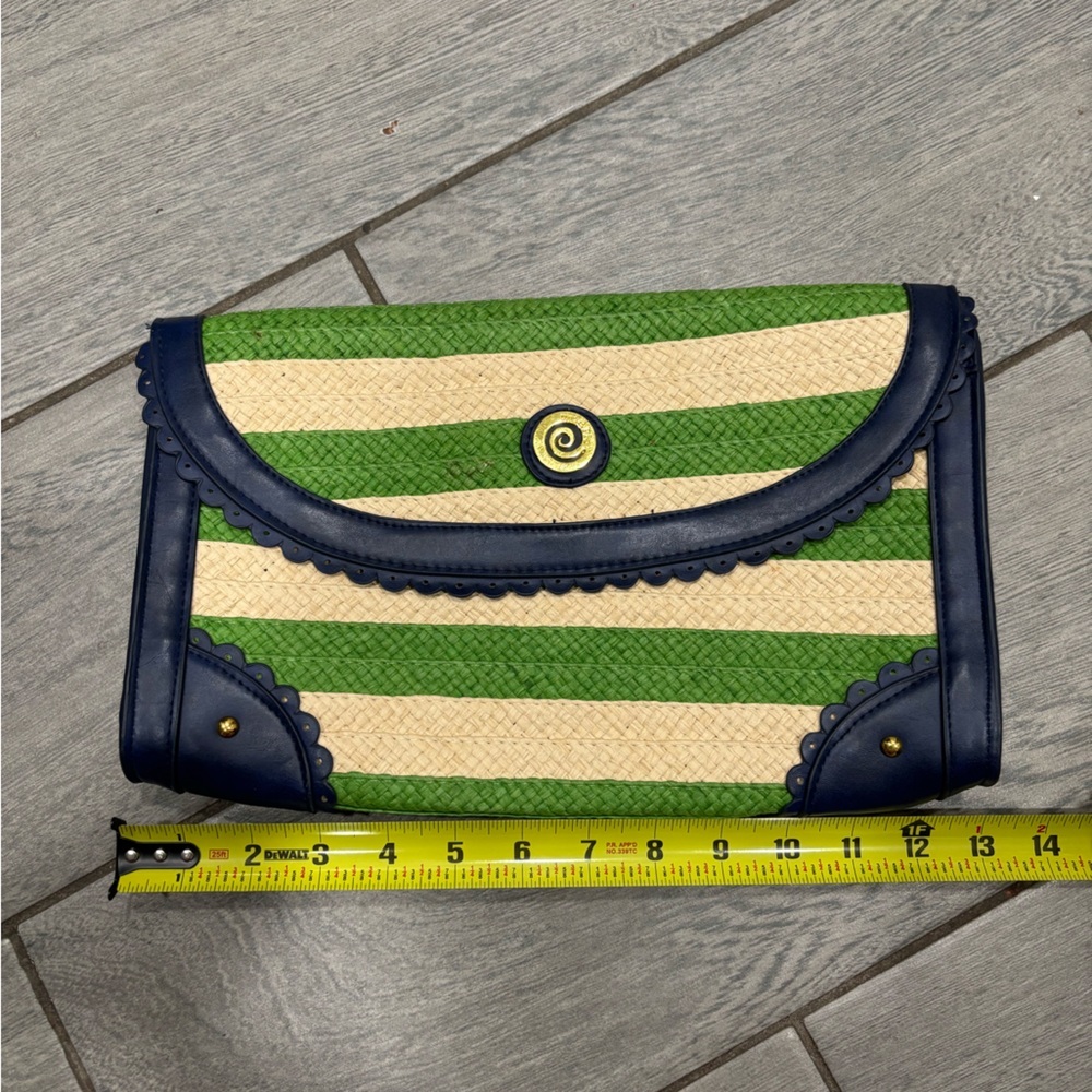 Mudpie Straw Clutch Handbag Envelope Purse Woven Blue Green Stripe Beach - Picture 3 of 7